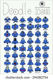 doodle icons illustration collection ONE EYED MONSTERS aliens jellyfish color O