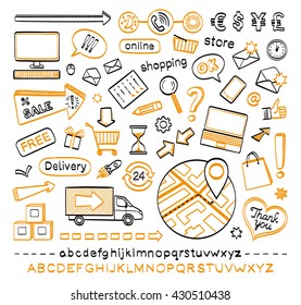 Doodle icons isolated on white background. E-commerce. Online shopping. Hand drawn sketch vector illustration.