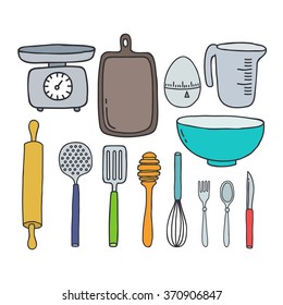 doodle icons. kitchen accessories and tools. vector illustration