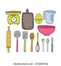 doodle icons. kitchen accessories and tools. vector illustration