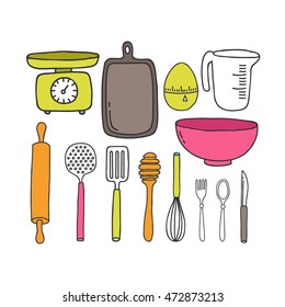 doodle icons. kitchen accessories and tools. vector illustration