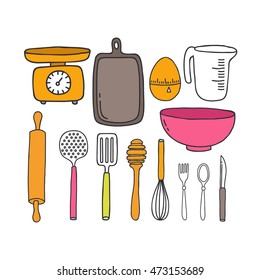 doodle icons. kitchen accessories and tools. vector illustration