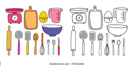 iconos de doodle. accesorios y herramientas de cocina. ilustración vectorial