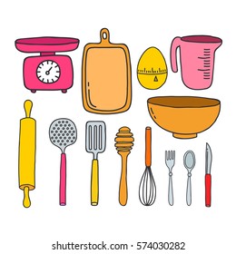 doodle icons. kitchen accessories and tools. vector illustration