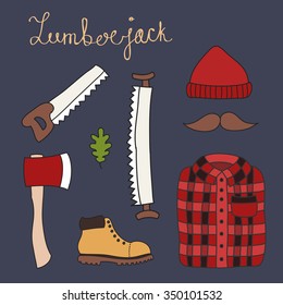 doodle icons. lumberjack set. vector illustration