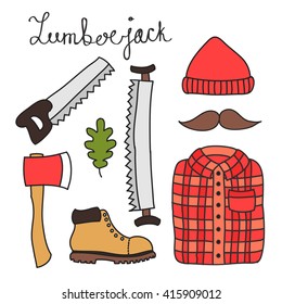 doodle icons. lumberjack set. vector illustration