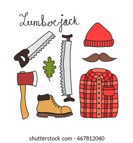 doodle icons. lumberjack set. vector illustration