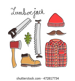 doodle icons. lumberjack set. vector illustration