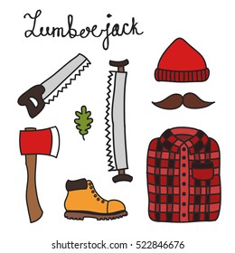 doodle icons. lumberjack set. vector illustration