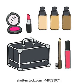 doodle icons. make up. makeup case, foundation cream bottle, blusher, eyebrow pencil, lipstick, lip gloss. vector illustration