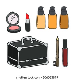 doodle icons. make up. makeup case, foundation cream bottle, blusher, eyebrow pencil, lipstick, lip gloss. vector illustration