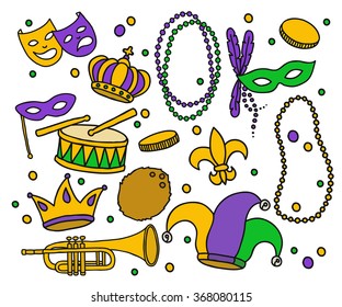 doodle icons. Mardi Gras symbols (carnival mask, coconut, crowns, trumpet, drum, jester hat, beads, coins, fleur de lis). vector illustration