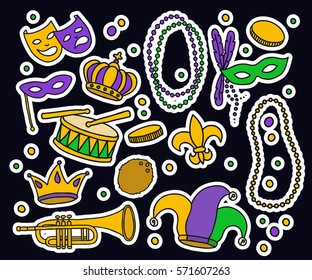 doodle icons. Mardi Gras symbols (carnival mask, coconut, crowns, trumpet, drum, jester hat, beads, coins, fleur de lis). vector illustration