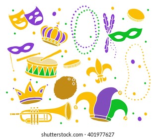 doodle icons. Mardi Gras traditional symbols. vector illustration