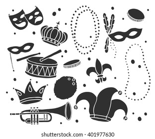 doodle icons. Mardi Gras traditional symbols. vector illustration