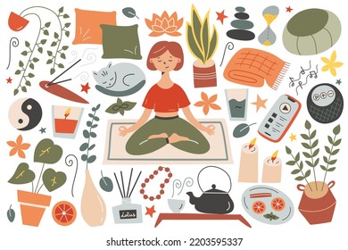 Doodle icons of meditation set, girl meditating in lotus pose, vector illustrations of candles, aromasticks, hourglass, mindfulness practice collection, isolated colored clipart on white background