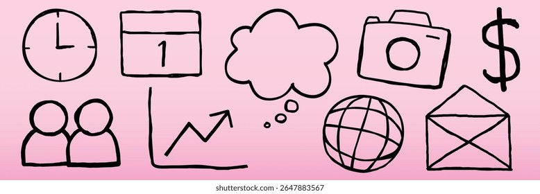 Doodle iconos en rosa: reloj, calendario, burbuja de pensamiento, cámara, signo del dólar, personas, gráfico, globo, sobre. Estilo simple, dibujado a mano sobre fondo rosa. Conjunto de Vector de elemento Doodle.