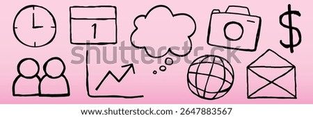 Doodle icons on pink: clock, calendar, thought bubble, camera, dollar sign, people, graph, globe, envelope. Simple, hand-drawn style on pink background. Doodle element vector set.
