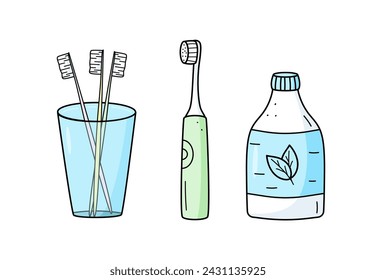 Doodle icons for oral and dental care. Vector illustration of toothbrushes, mouthwash.