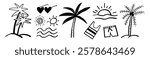 Doodle icons of palm trees, sun, waves, sunglasses, and beachwear. Palm trees and sun evoke a tropical vibe. Waves and beachwear suggest a summer theme. Doodle illustrations, vector set.