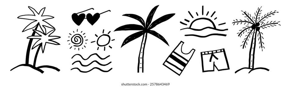 Doodle icons of palm trees, sun, waves, sunglasses, and beachwear. Palm trees and sun evoke a tropical vibe. Waves and beachwear suggest a summer theme. Doodle illustrations, vector set.