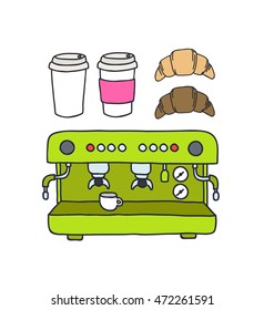 doodle icons. professional coffee machine, take away coffee cup, croissant. vector illustration