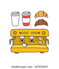 doodle icons. professional coffee machine, take away coffee cup, croissant. vector illustration
