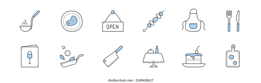 Doodle icons of restaurant, cafe, kitchen, cooking food. Vector outline sketch of wine menu, utensil, knife, frying pan, chef apron, open door tag, cutting board, cake, table and ladle