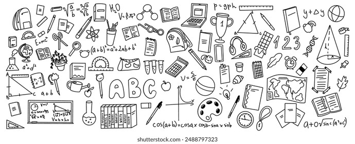 Doodle icons of school supplies set on white background. Variety of hand-drawn educational tools in simple monochrome ideal for school-related designs