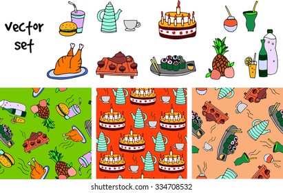 doodle icons and seamless patterns of food and drinks. Vector set