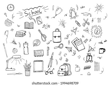 Doodle icons set. Business subjects and schools. Back to school with hand drawn school supplies - big set. Doodle and school items collection. Education concept. Vector illustration.