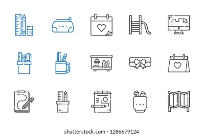 doodle icons set. Collection of doodle with room divider, pencil case, draw, sketch, wedding day, garter, terrarium, slide, school material. Editable and scalable doodle icons.