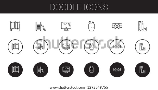 doodle icons set. Collection of doodle with room\
divider, slide, draw, pencil case, garter, school material.\
Editable and scalable doodle\
icons.