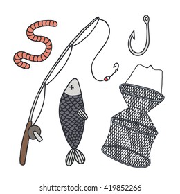  doodle icons set. fishing. vector illustration