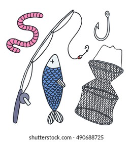 doodle icons set. fishing. vector illustration