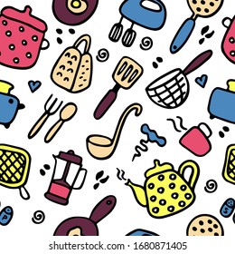 Doodle icons set of kitchen appliances and objects. Hand-drawn cooking items. Household appliances and housewares. Seamless pattern. Vector illustration