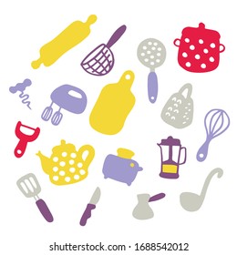 Doodle icons set of kitchen appliances and objects. Hand-drawn cooking items. Household appliances and housewares.