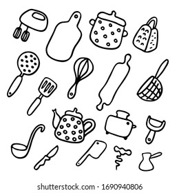 Doodle icons set of kitchen appliances and objects. Hand-drawn cooking items. Household appliances and housewares.