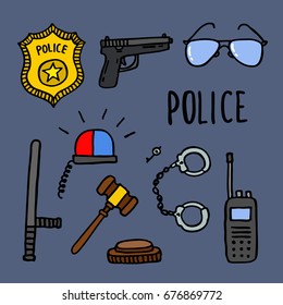 doodle icons set. police. vector illustration