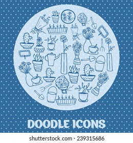 Doodle icons. Set of potted flowers, garden furniture