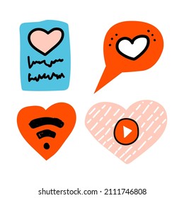 Iconos de doodle establecidos. Amor del corazón de forma y video en línea mostrando signos. El discurso burbuja con el corazón y los puntos. Carta de papel de amor o postal con corazón rosado. Señal Wi-Fi dentro de la forma del corazón rojo. Vector plano.