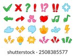 Doodle icons and signs set. Cartoon hand drawn graphic elements. Directional arrows, sparkles, hearts, weather icons and punctuation marks. Vector stickers collection in comic style