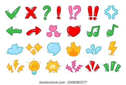 Doodle icons and signs set. Cartoon hand drawn graphic elements. Directional arrows, sparkles, hearts, weather icons and punctuation marks. Vector stickers collection in comic style