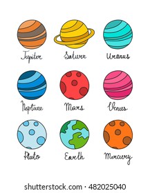 doodle icons. solar system planets. vector illustration