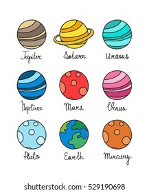 doodle icons. solar system planets. vector illustration