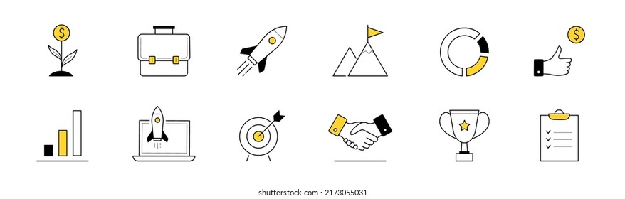 Doodle icons startup, project launch, business start up idea vector set. Rocket, money flower, briefcase and mountain peak with flag, achievement and handshake. Trophy, chart or graph