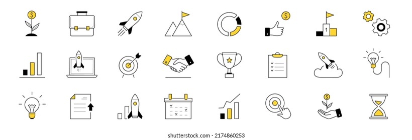 Doodle icons startup, project launch, business start up idea vector set. Rocket, money flower, briefcase and mountain peak with flag, gears, light bulb, calendar and handshake. Trophy, chart or graph