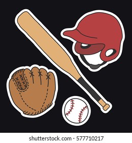 doodle icons, stickers. baseball set. vector illustration