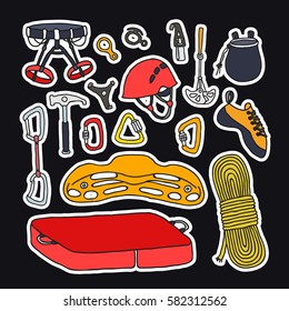 doodle icons, stickers. climbing equipment. vector illustration