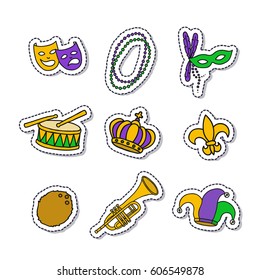 doodle icons, stickers. Mardi Gras symbols (carnival mask, coconut, crown, trumpet, drum, jester hat, beads, fleur de lis). isolated on white background. vector illustration